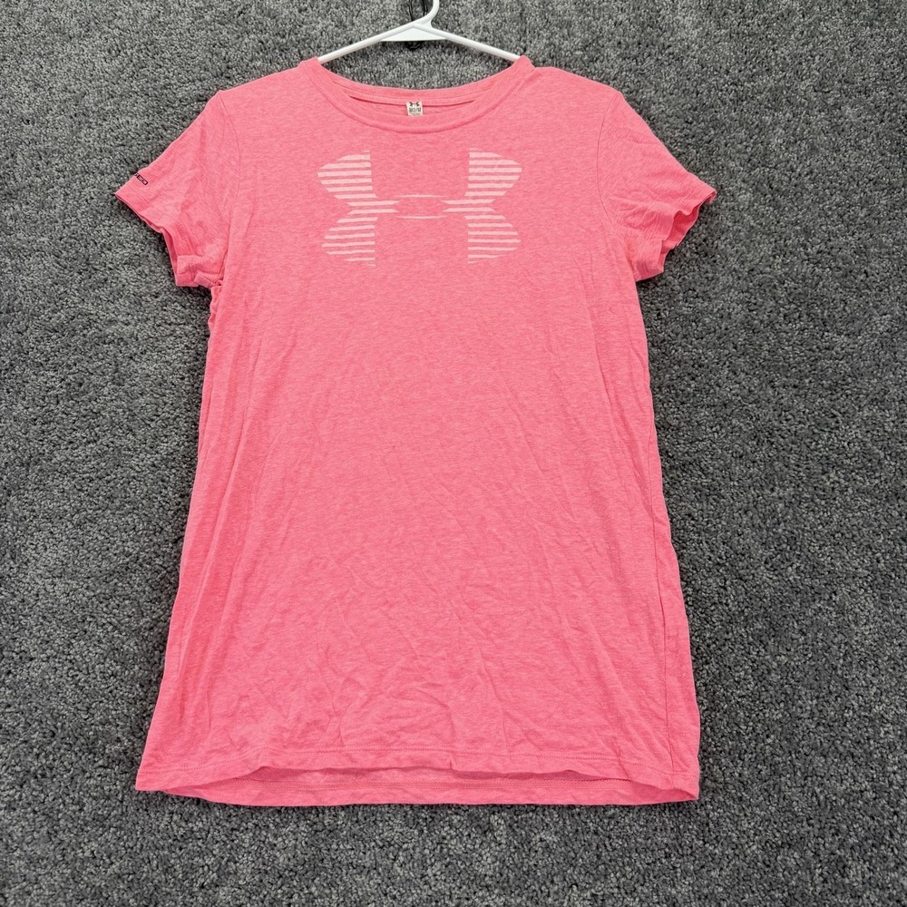 Under Armour Shirt Womens Medium Pink HeatGear Loose Charged Logo Tee Athletic